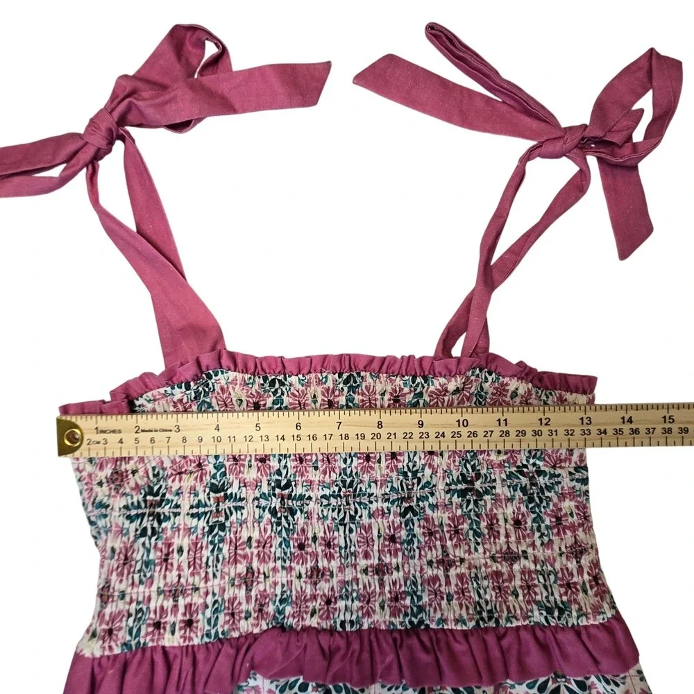 Anthropologie Joy Floral Linen Blend Tie Shoulder Smocked Ruffle Trim Dress Sz M